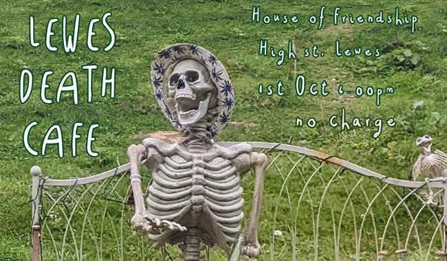 Skeleton wearing a hat sitting on a garden bench.