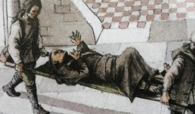 Illustration showing a monk being carried on a stretcher