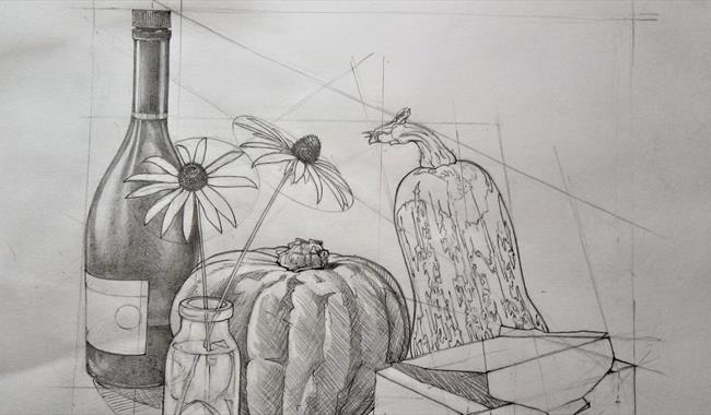 Still life pencil drawing showing working guidelines