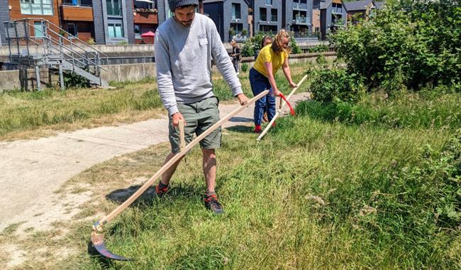 Man using a scythe on the Railwayland