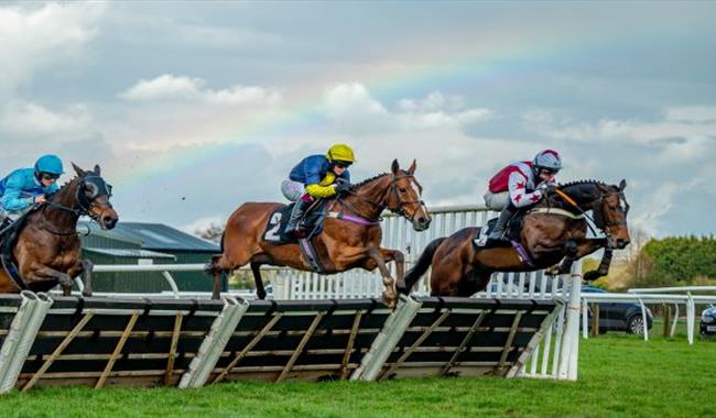 Racehorses clearing a hurdle at Plumpton