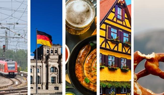 Photo featuring a German train, German flag, German house and German food