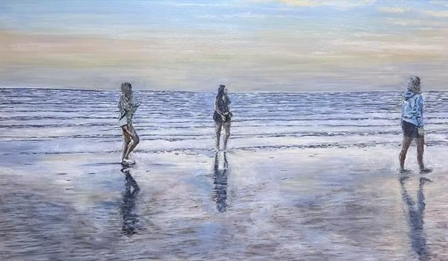 Artwork featuring figures at Pevensey Bay