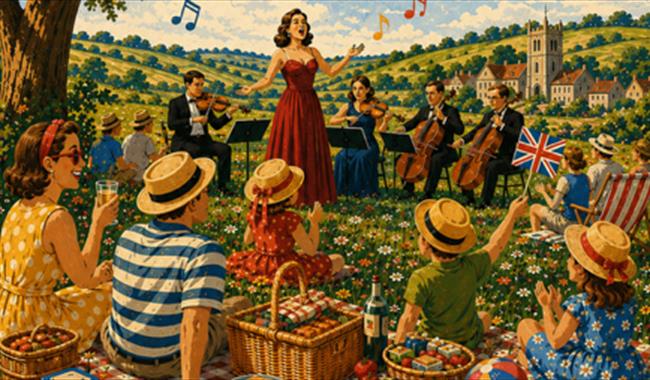 Opera singer singing with quartet to picnickers in the countryside