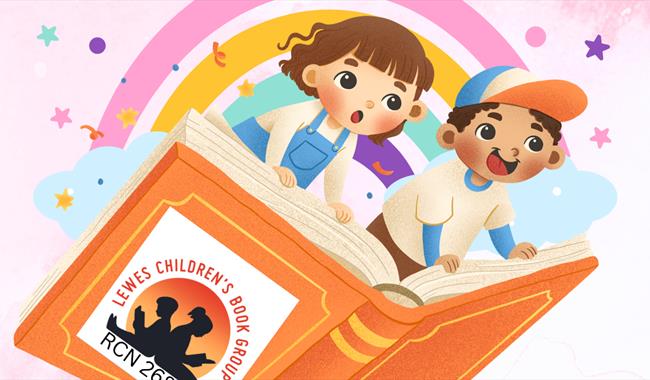 children appearing out of a book with a rainbow overhead