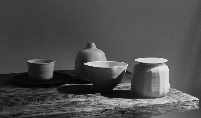 Ceramics display on oak table