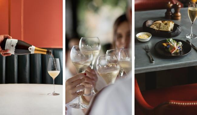Photographs showing sparkling wine being poured to accompany a gourmet meal