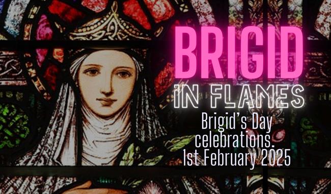 Stained glass image of Brigid