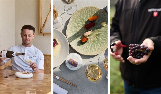 Photography showing wine being poured, Japanese cuisine and Rathfinny grapes