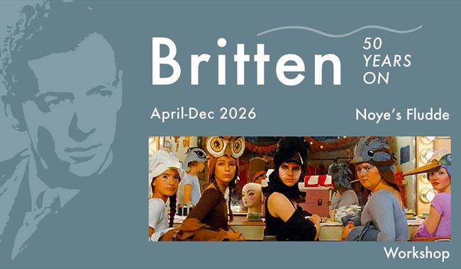 Photo of people in animal costumes set in poster of Britten Festival.