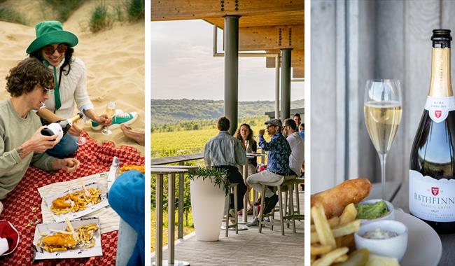 Photo montage featuring fish and chips on the beach and a sparkling wine tasting