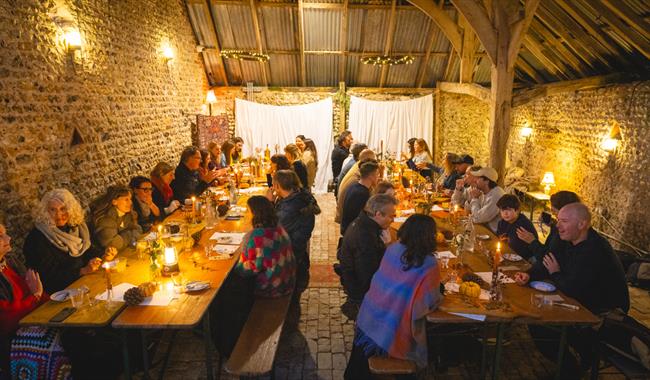 Winter feast in barn setting
