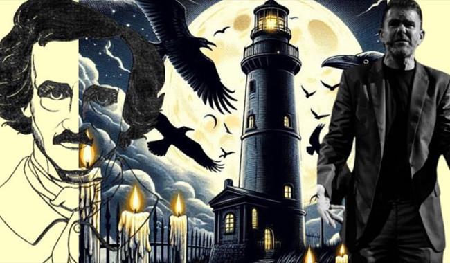 Combined image featuring author, candles, birds in the sky, lighthouse and narrator