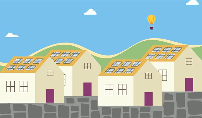 Illustration of houses with hillside and hot air balloon