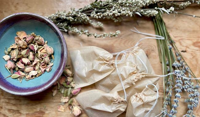 Ingredients for tea making workshop - lavender, rose buds and hand made tea bags