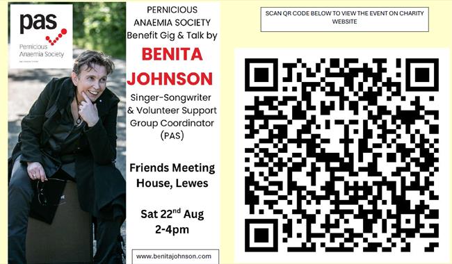 Photo of singer-songwriter Benita Johnson, with QR Code.
