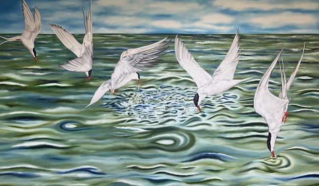 Painting of gulls diving for fish
