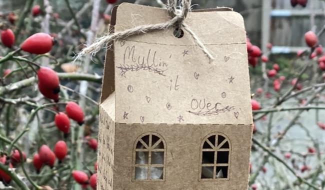 Cardboard house shaped box of tea bags with winter berries