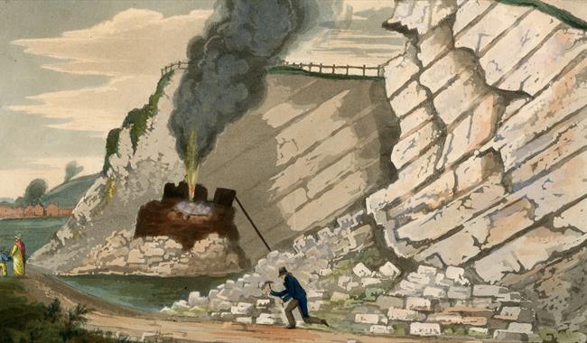 Illustration of Gideon Mantell with a chisel excavating rocks