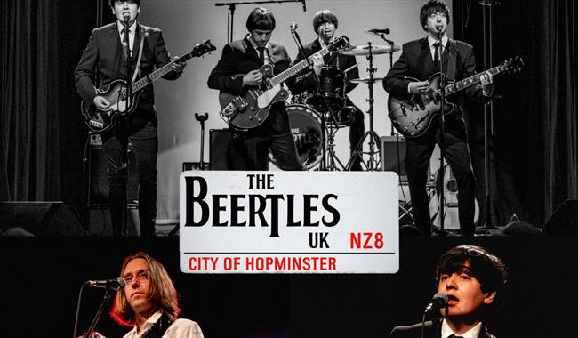 Photo showing the The Beatles in black and white and The Beertles under a roadsign in colour.