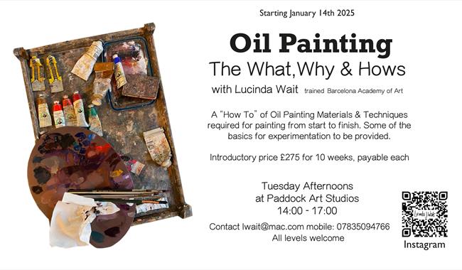 Poster with information re course - featuring photo of oil paints and pallett