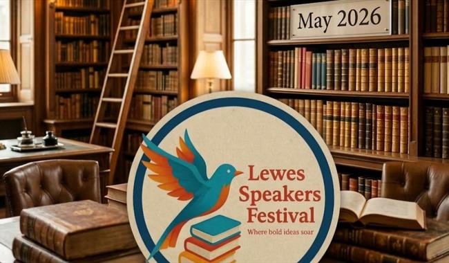 Library bookshelves with Speakers Festival info