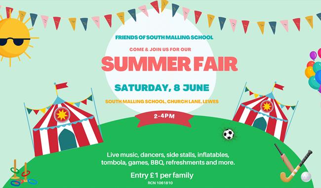 Poster for summer fair featuring tents, sports equipment and balloons