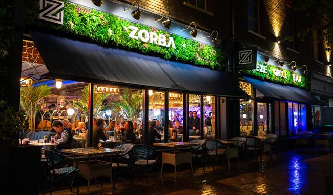 Restaurant front at night
