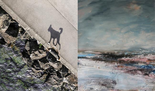 Image of a dogs shadow on coastal path and painting of rough sea and skies