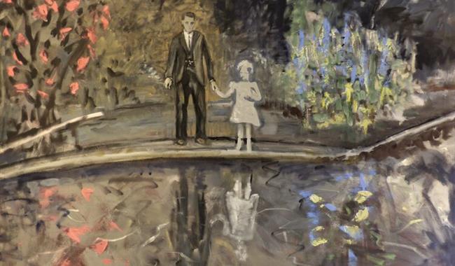 Oil painting of figures by a lake