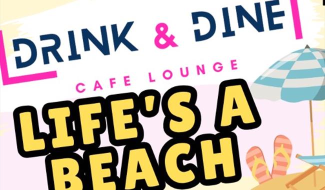 Drink and dine beach illustration with fliplops and beach umbrella
