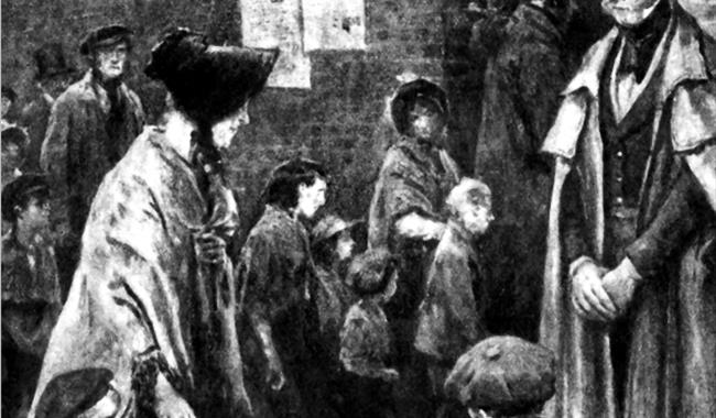 A black and white image of families in the past