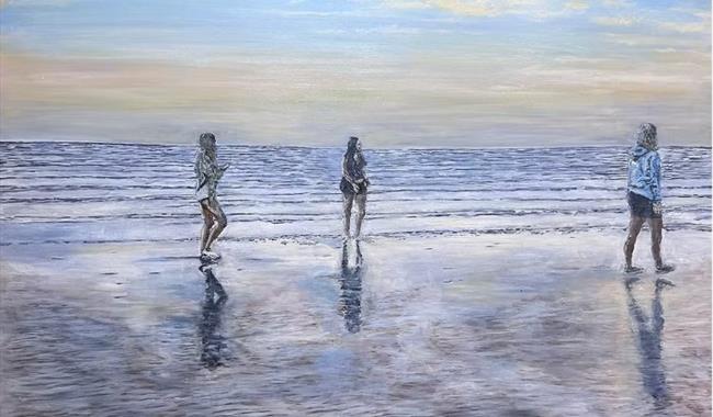 painting showing 3 people by the sea