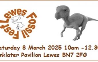 Iguanodon model with Lewes Fossil Festival info
