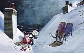 Father Christmas sharing a picnic with reindeer on the rooftops