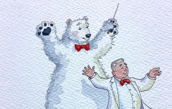 Illustration of a conductor being assisted by a polar bear