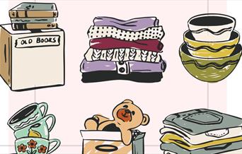 Piles of books, clothes and crockery, vintage style illustration