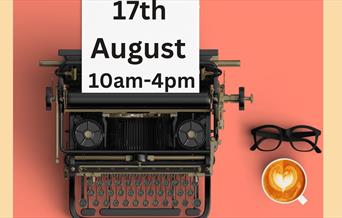 Poster featuring an old fashioned typewriter and cup of coffee