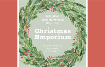 Hand-painted illustration of  Christmas wreath with event details printed in the centre