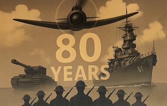 Image of soldiers, battleships and a Spitfire.