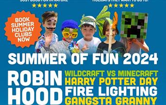 Poster to promote holiday club with children having outdoor fun