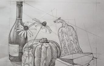 Still life pencil drawing showing working guidelines