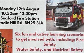 Poster featuring a fire engine and a firefighter.