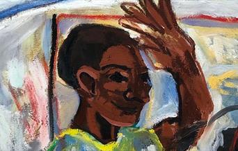 Painting of figure raising hand