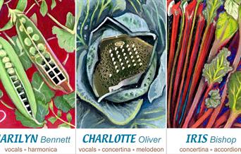 Selection of illustrations of vegetables combined with musical advertising to represent the 4 key sisters