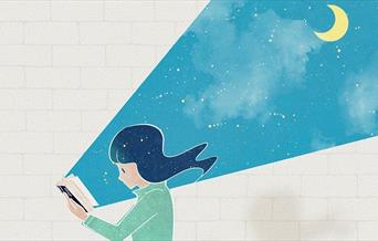Illustration showing girl reading a book by the light of the moon