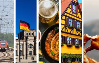 Photo featuring a German train, German flag, German house and German food