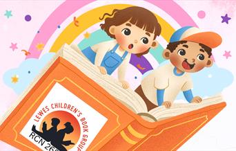 children appearing out of a book with a rainbow overhead