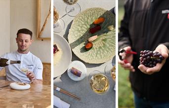 Photography showing wine being poured, Japanese cuisine and Rathfinny grapes