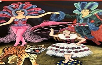 Illustration featuring female performers and a tiger